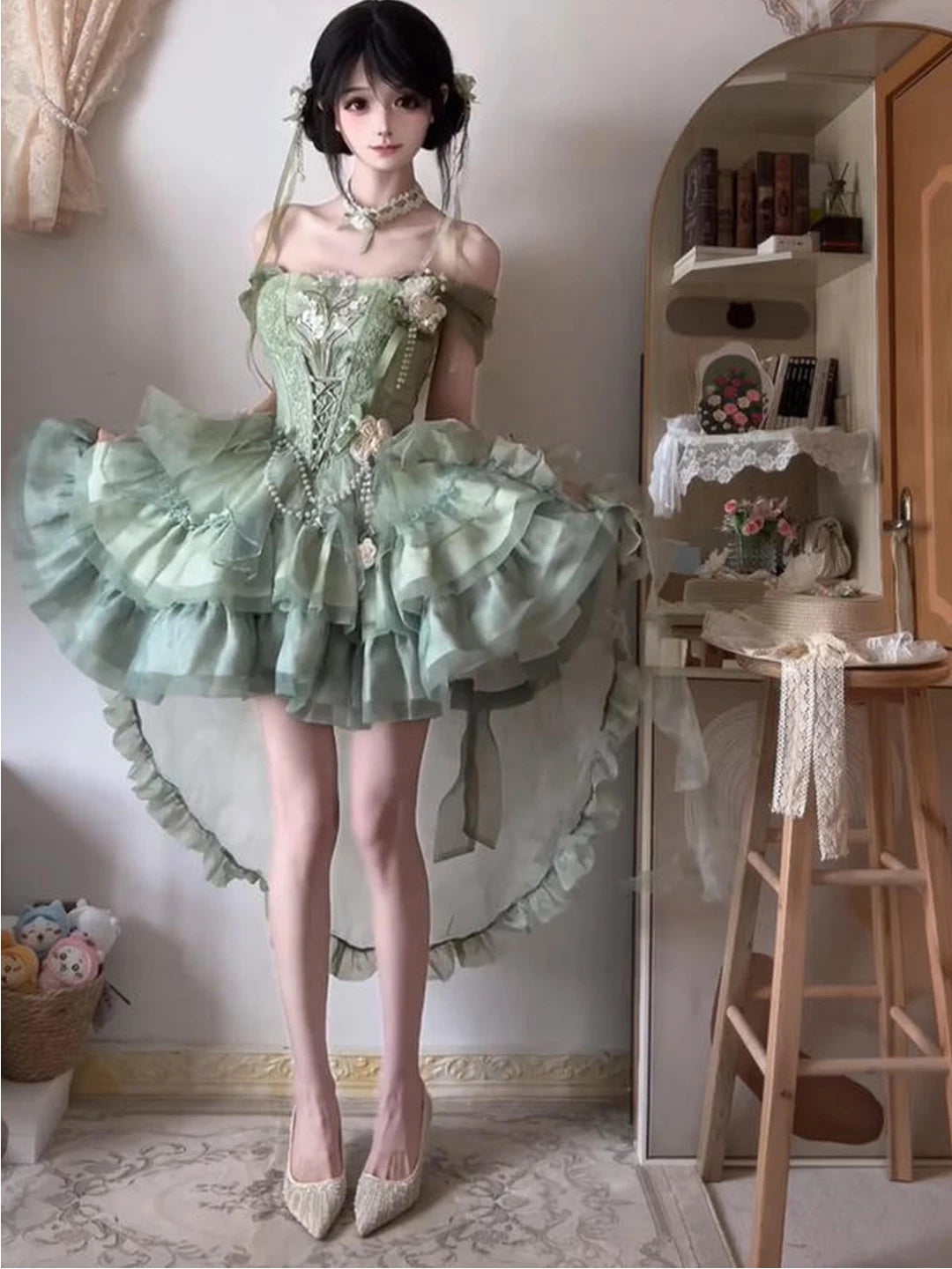 Green ballet-inspired Chinese-style Lolita dress set with layered train and floral bodice