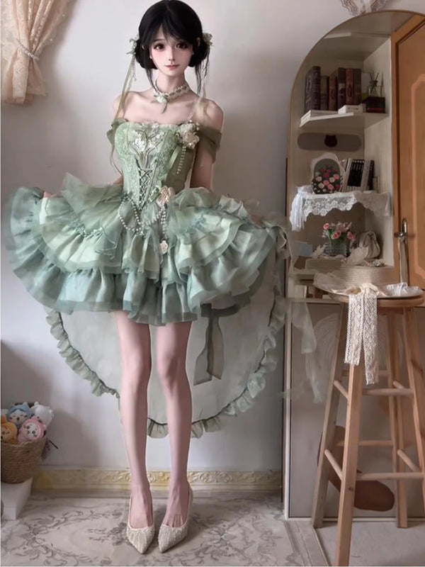 Green ballet-inspired Chinese-style Lolita dress set with layered train and floral bodice