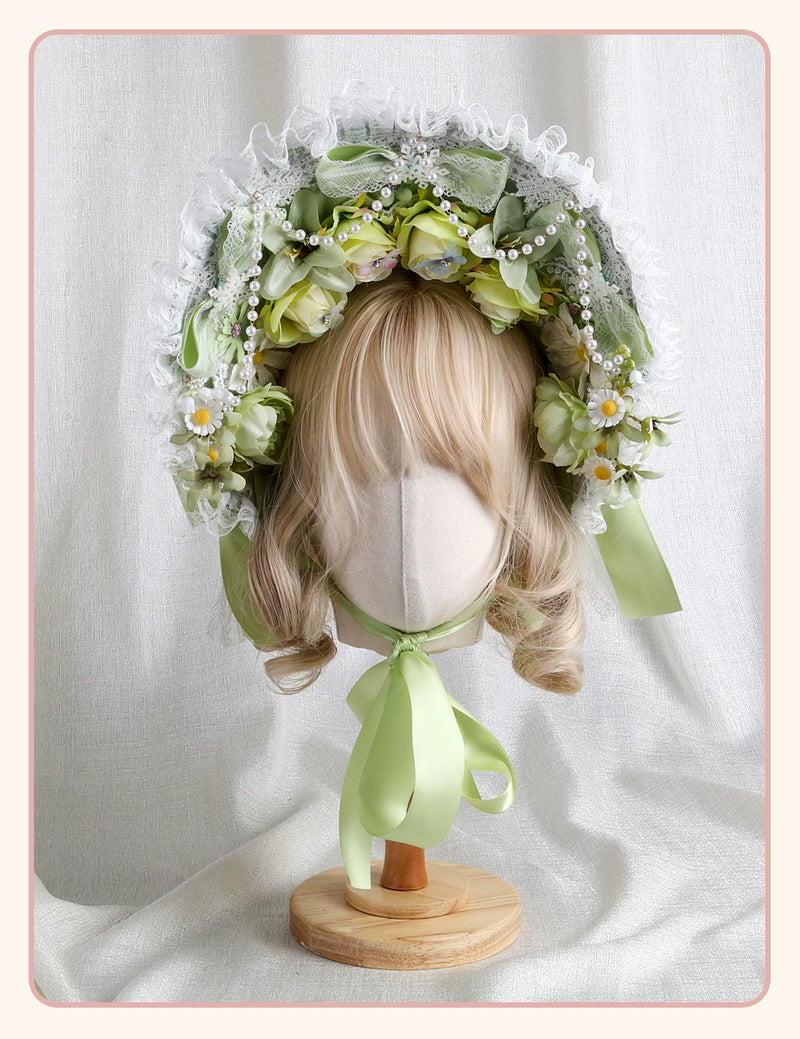 Stardust Rose - Autumn-Winter Dream - Lace-Trimmed Flat Hat with Ribbon Bows
