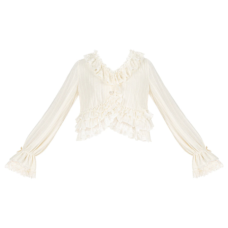 With PUJI - Bloom Period - Elegant Lolita Bolero, Layered Lace Ruffles detail view 8