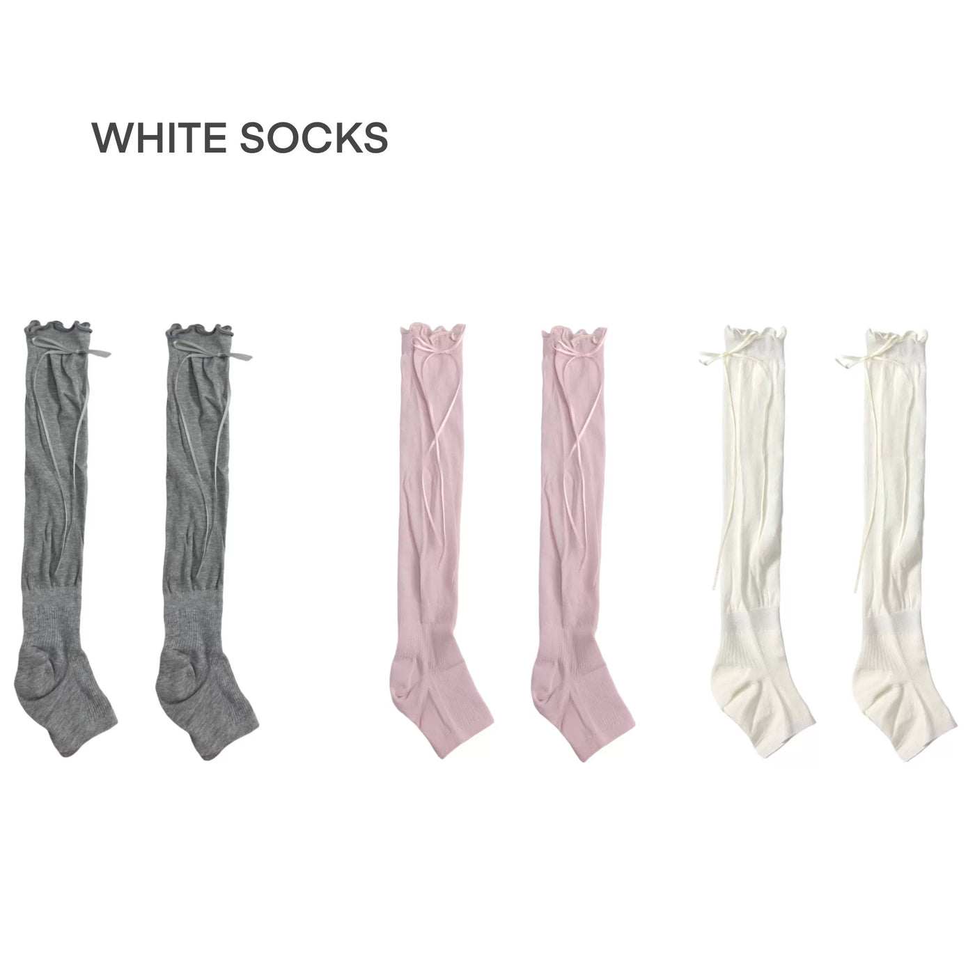 White Socks - Side Ribbon - Slouchy Calf Socks with Side Ribbon Ties