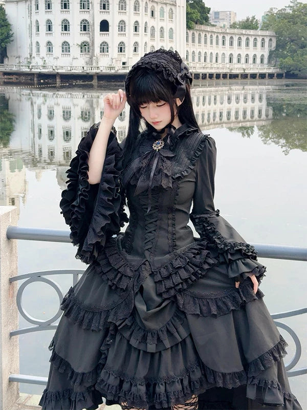 Creamy - Dark Gothic - Blouse and Skirt Set with Ruffled Sleeves and Bow Tie