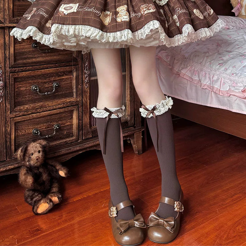 Milky Star Qiaoqiao - Ballet Ribbon - Lace-Trimmed Calf Socks with Bow Ties