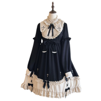 Baibian Xiaoniu - Vintage Cross Ribbon - Black long-sleeved OP dress with an ivory ruffled bib collar - Black / L