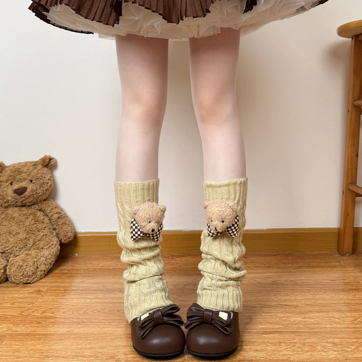 Chubby Bear Tales - Little Bear Knit Layers - Cable-Knit Leg Warmers with Teddy Bear Bows