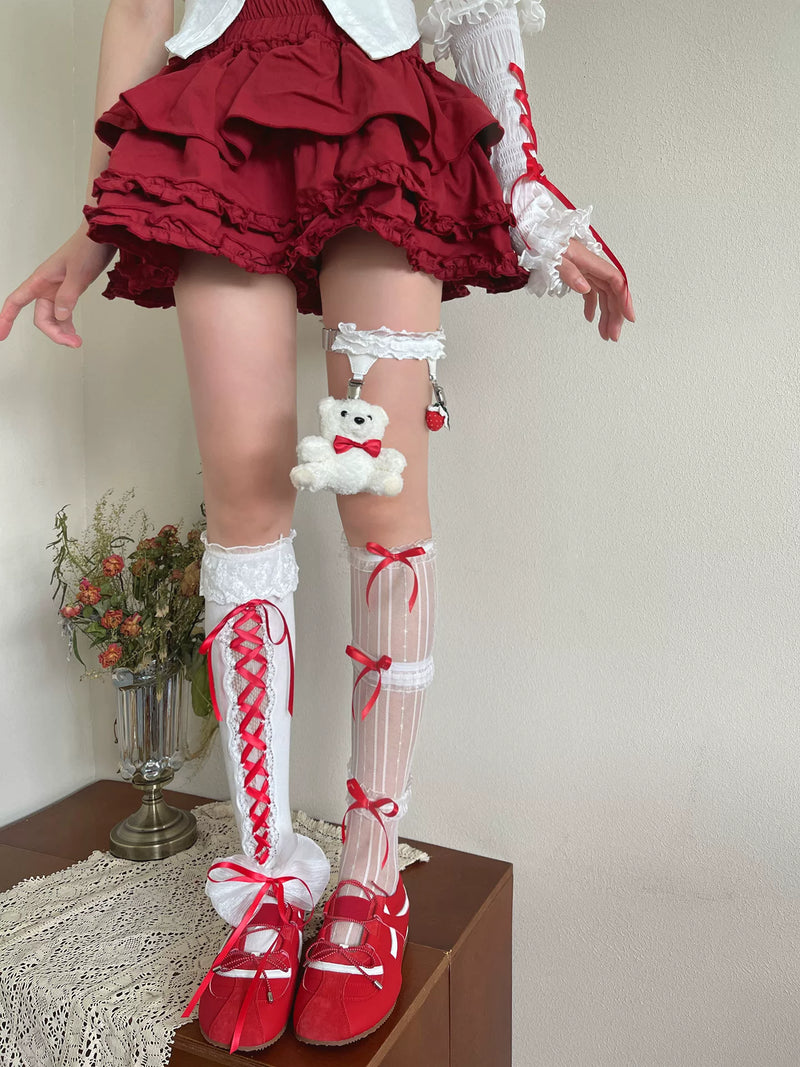 Sock Noble - Christmas Bear Garden - Mid-Calf Socks and Leg Accessories with Lace and Bear Details