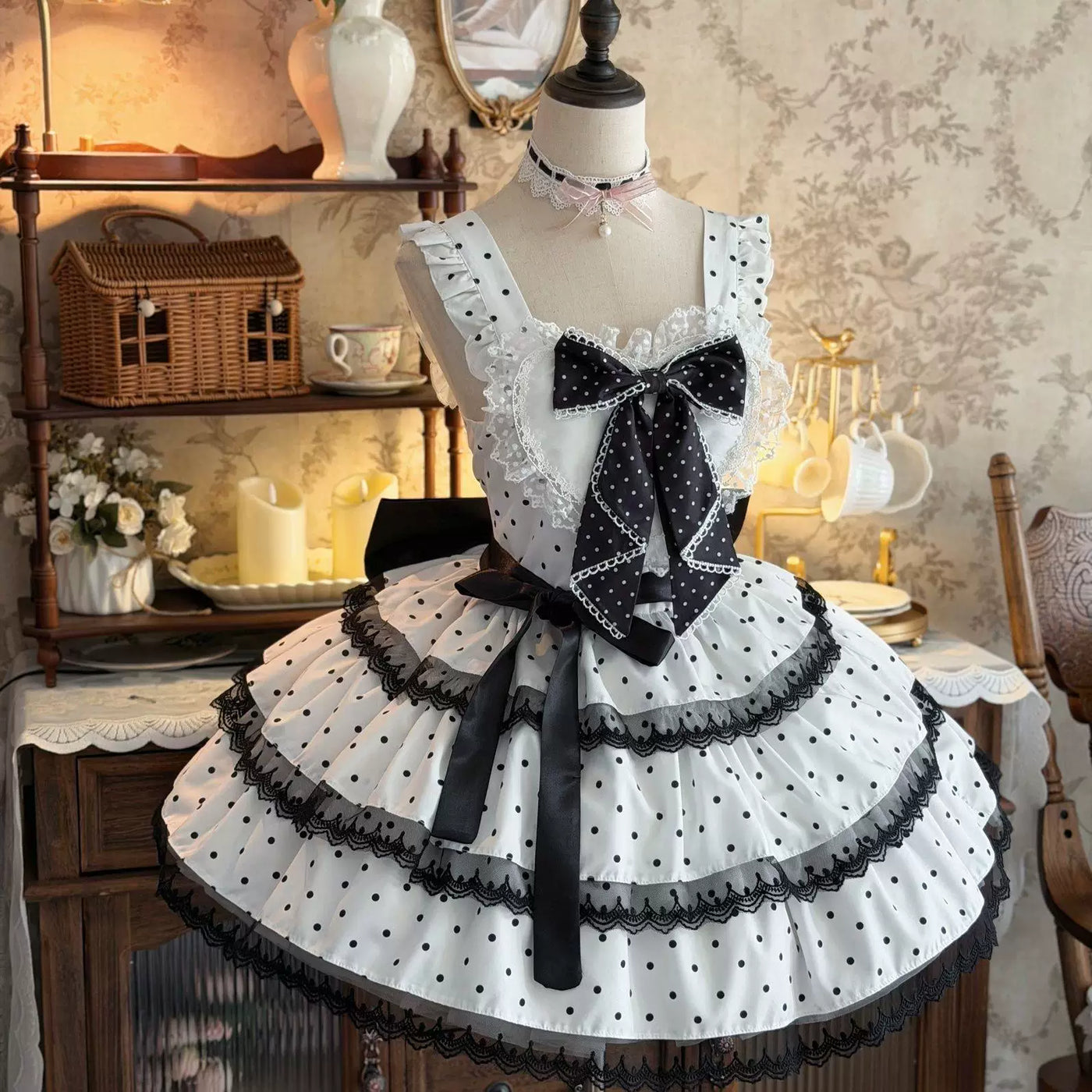 Sweetheart Dream Machine - Cream Ballet - JSK dress with black polka dots