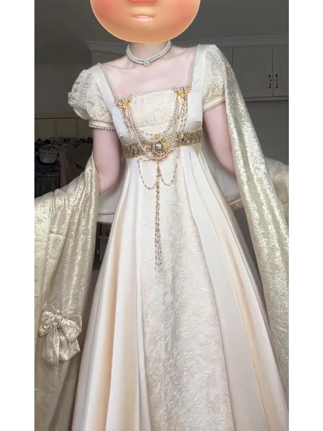 Creamy - Vintage Court - Empire-Waist One-Piece Dress and Shawl Set with Embossed Floral Texture