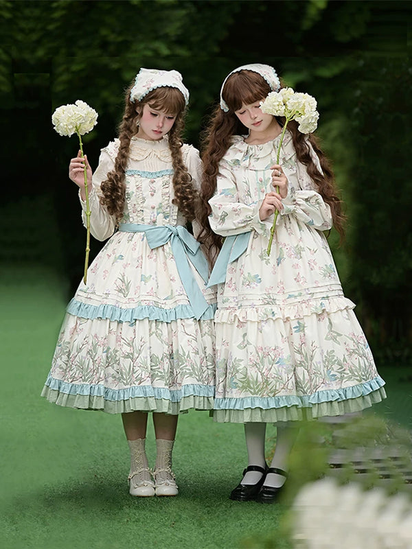 With PUJI - Oriole Time - Country Lolita JSK and OP Dress, Floral and Bird Print product view