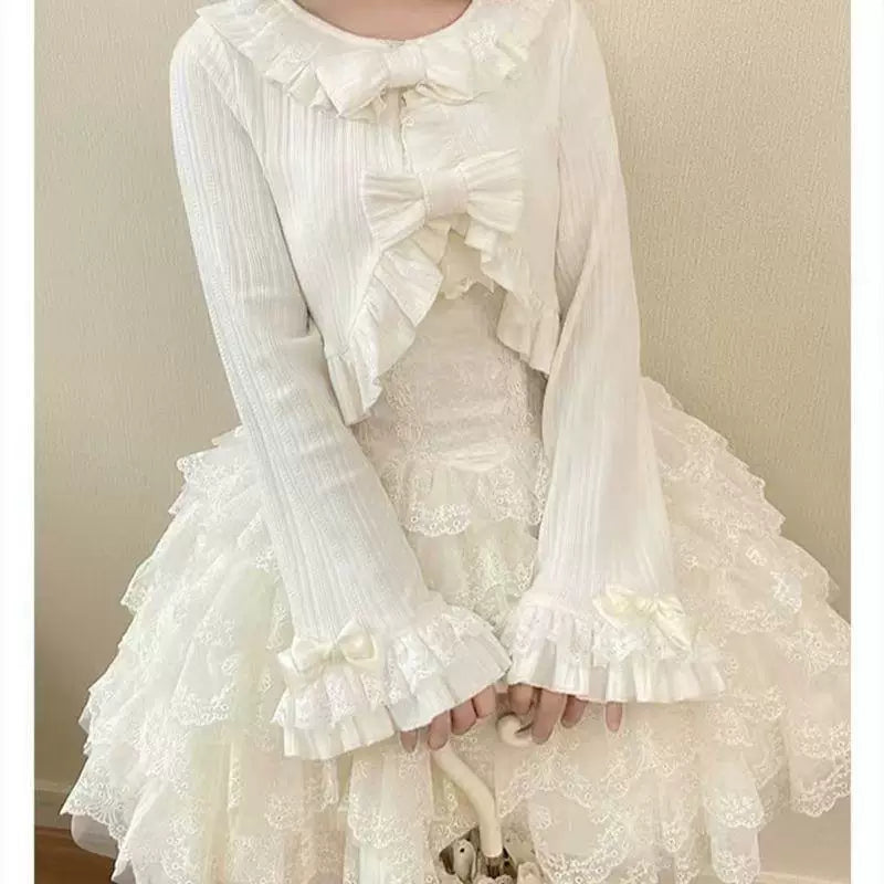 Sweetheart Dream Machine - Fresh Bow Knit - Cropped Knit Cardigan with a Ruffled Round Collar