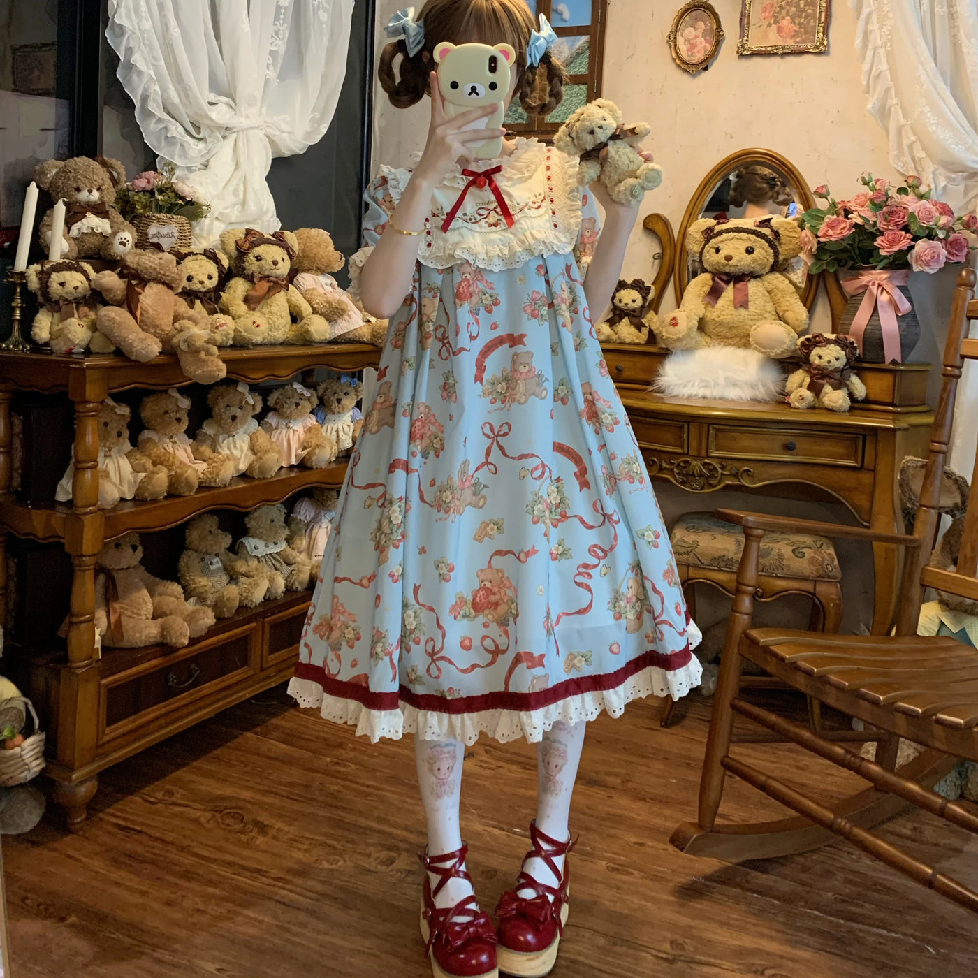 Thousand Wood - Bear's Strawberry Garden - Waistless OP Dress with Bear and Strawberry Prints