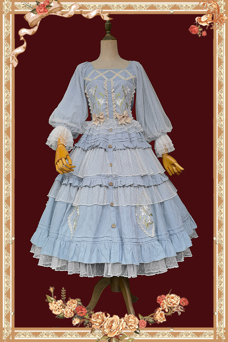 Melaleuca Lily - Embroidery Country Lolita Blouse and Skirt M blue set white net yarn