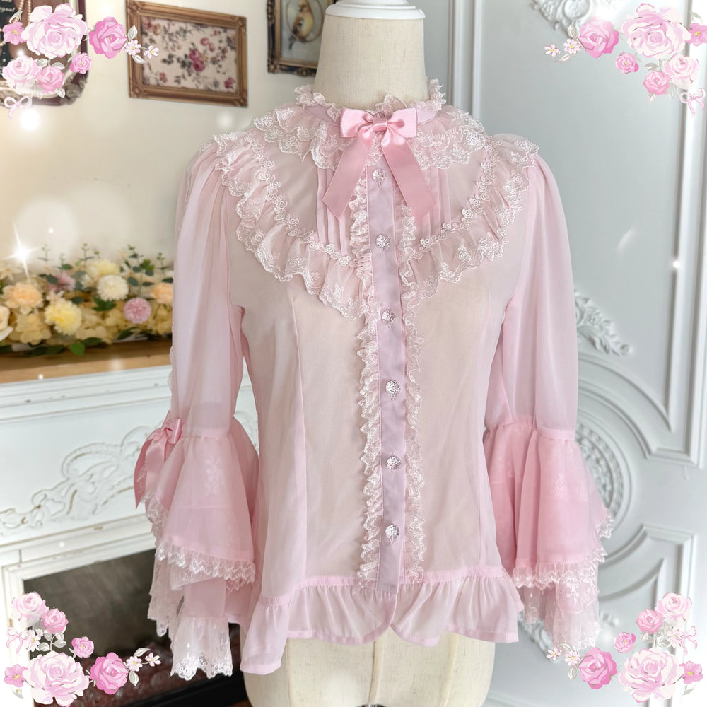 Tata Long Ear chiffon blouse with lace collar, front bow, and flared sleeves on a mannequin