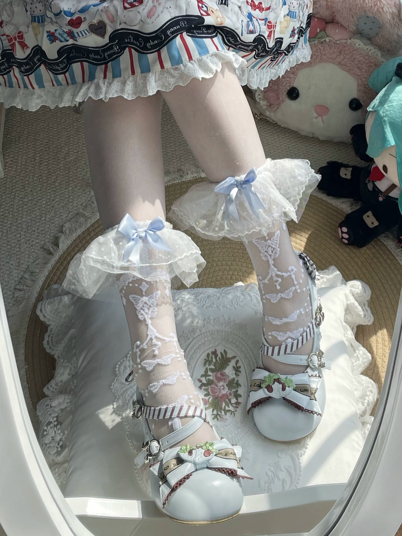 Fantasy Doll - Butterfly Prayer - Sheer Mid-Calf Socks with Layered Lace Cuffs