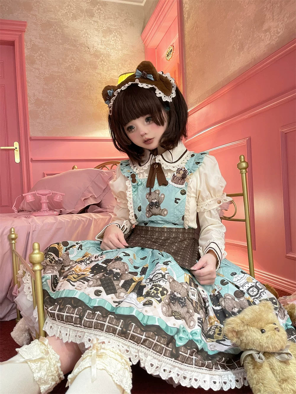 Mint teddy-bear print JSK with chocolate-brown trim and lace hem