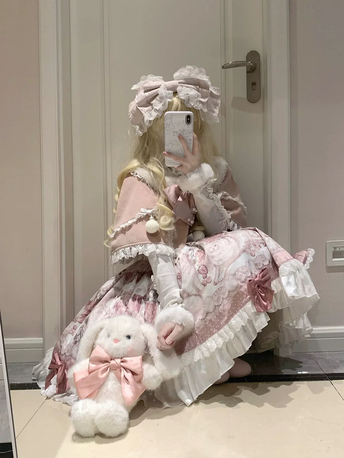Matutu - Dessert Catlets - Sweet Lolita JSK dress and faux-fur collar cape set with cat and strawberry prints - product detail 10