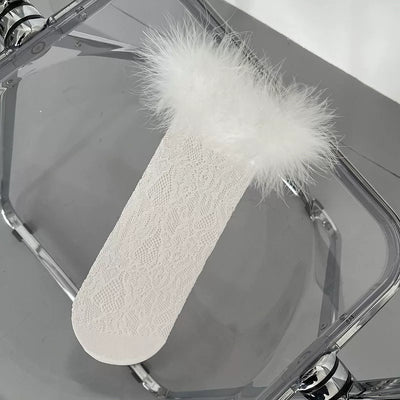 White Y2K lolita lace mid-calf sock with feather trim