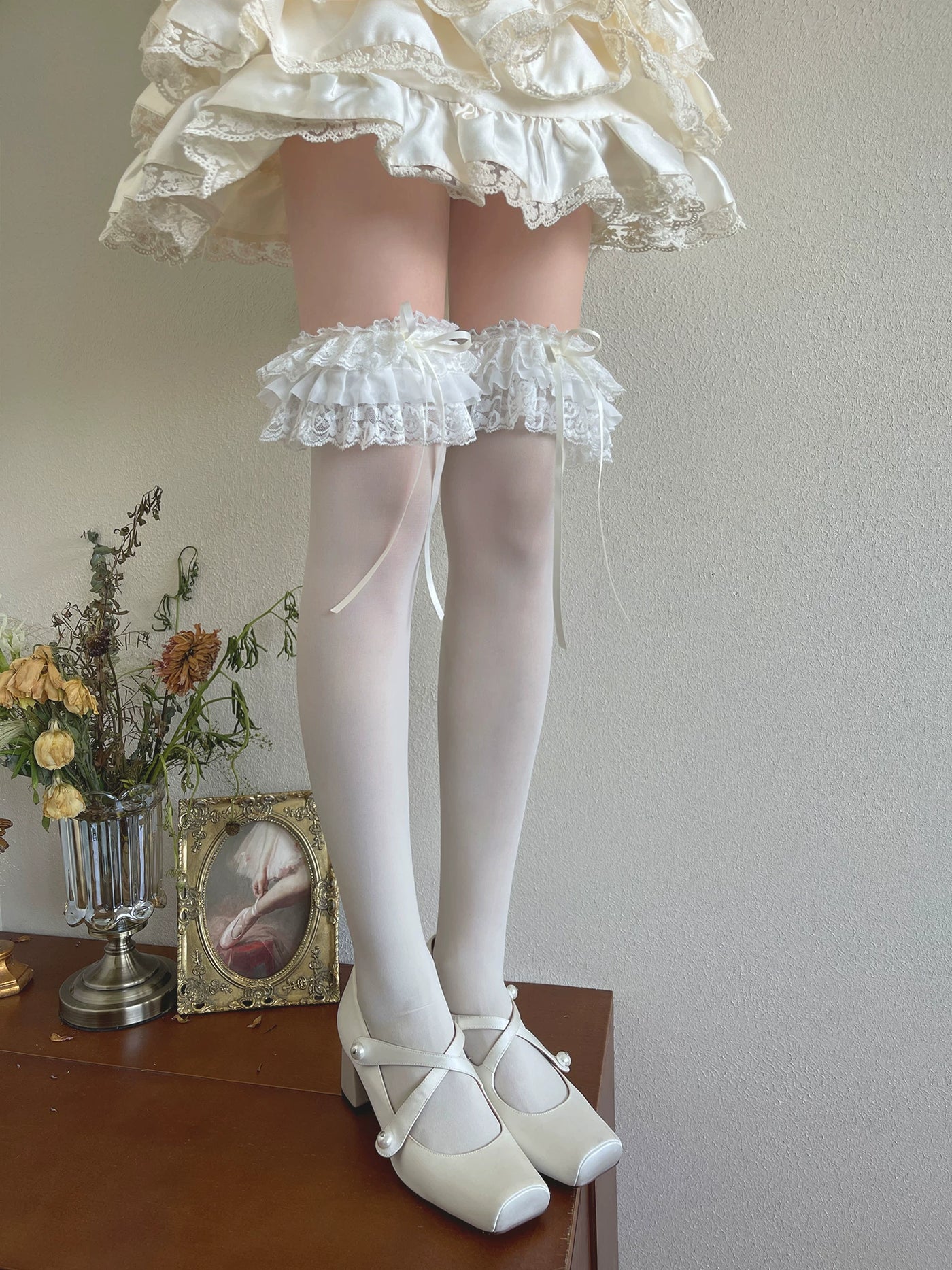 Sock Noble - Cream Ruffle - Velvet Lolita Socks with Layered Lace Ruffles