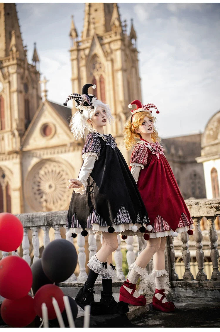 With PUJI - Puppet Mask - Clown Inspired Gothic Lolita OP Dress, Loose Fit
