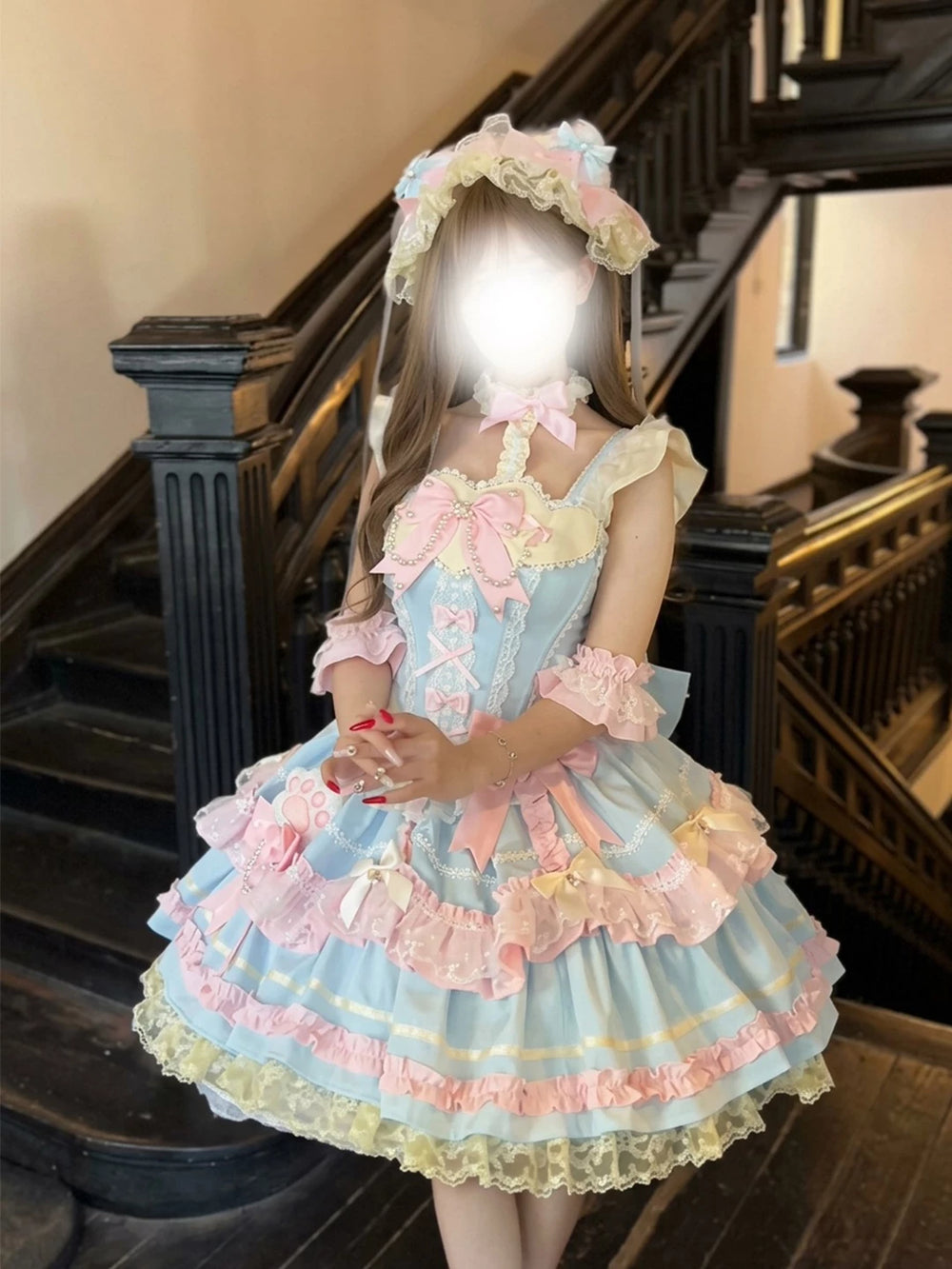 Creamy pastel blue and pink JSK dress with layered ruffles, bows and lace
