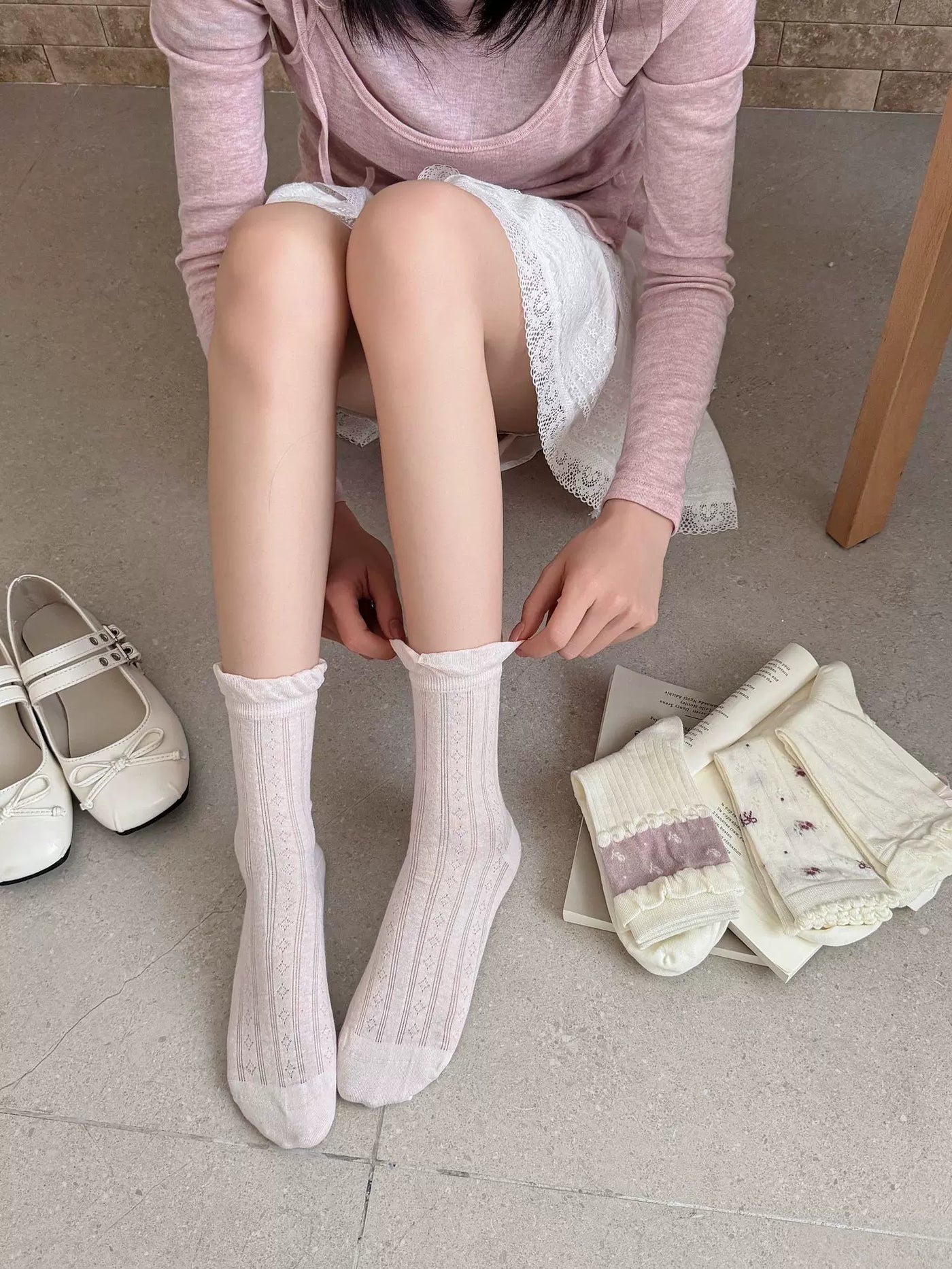 Fantasy Doll - Ballet Bow - Mid-Calf Socks with Pink Bow and Floral Options