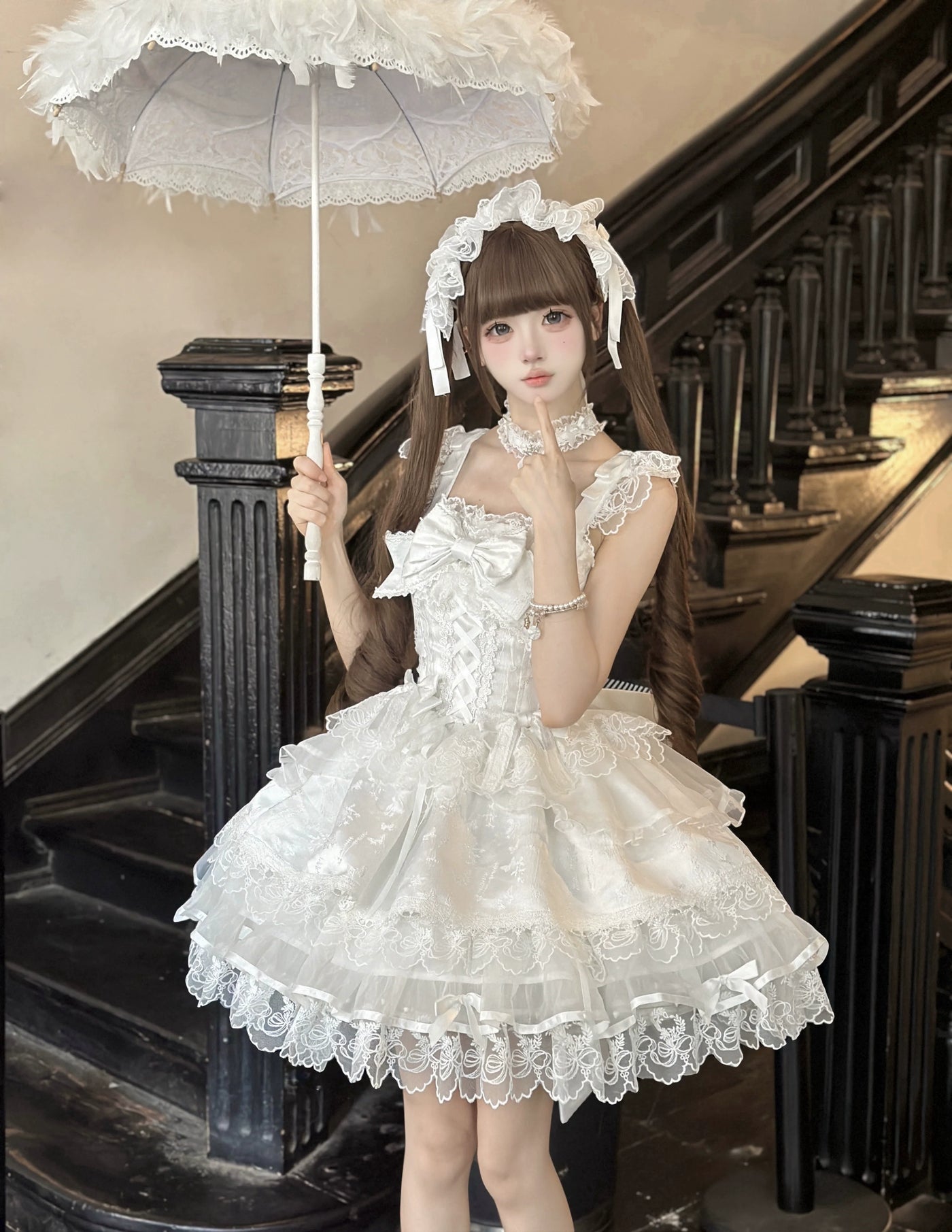 Fleeting Isle - Sweet Lolita Ballet Style Jumper Dress White JSK + Trailing + Headband S