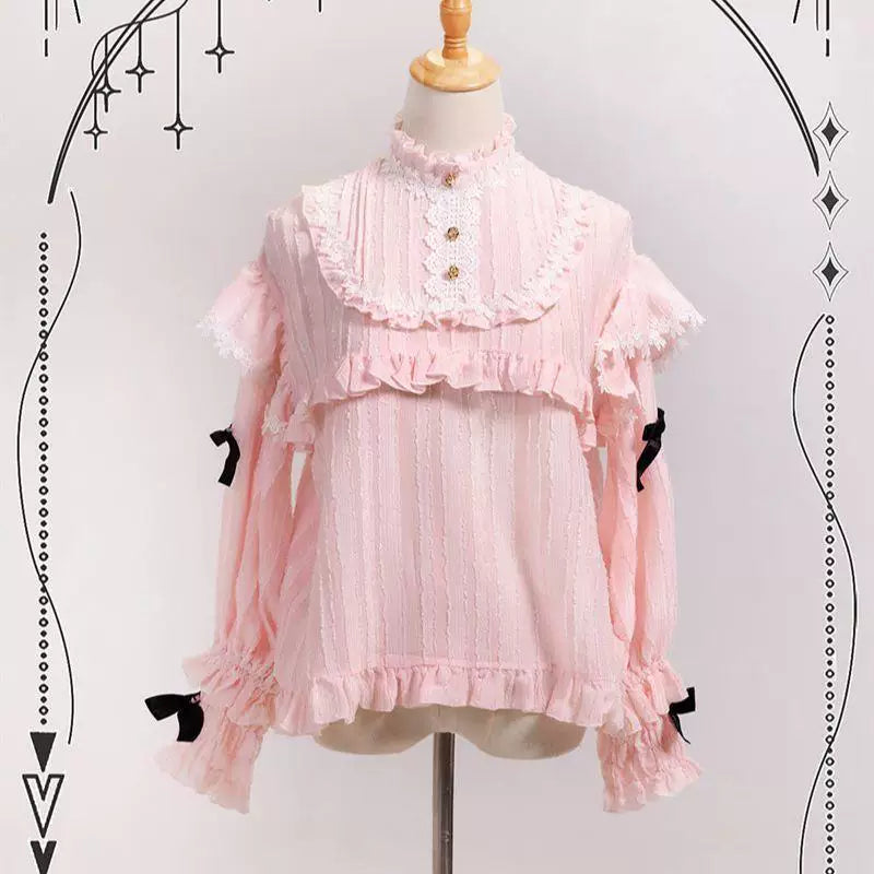 Pink stand-collar Lolita inner layer with ruffled yoke on a mannequin
