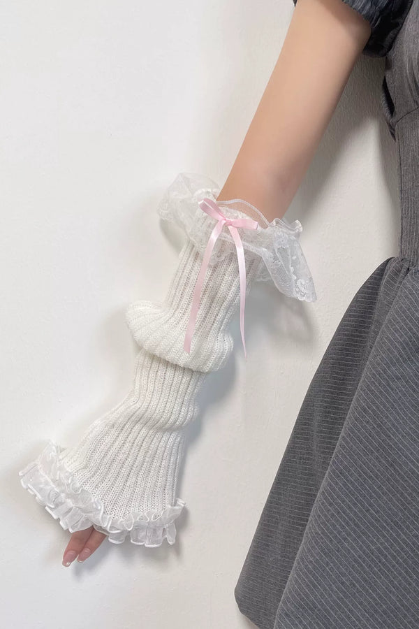 White ribbed hand sleeves with ruffled lace cuffs and pink ribbon bows