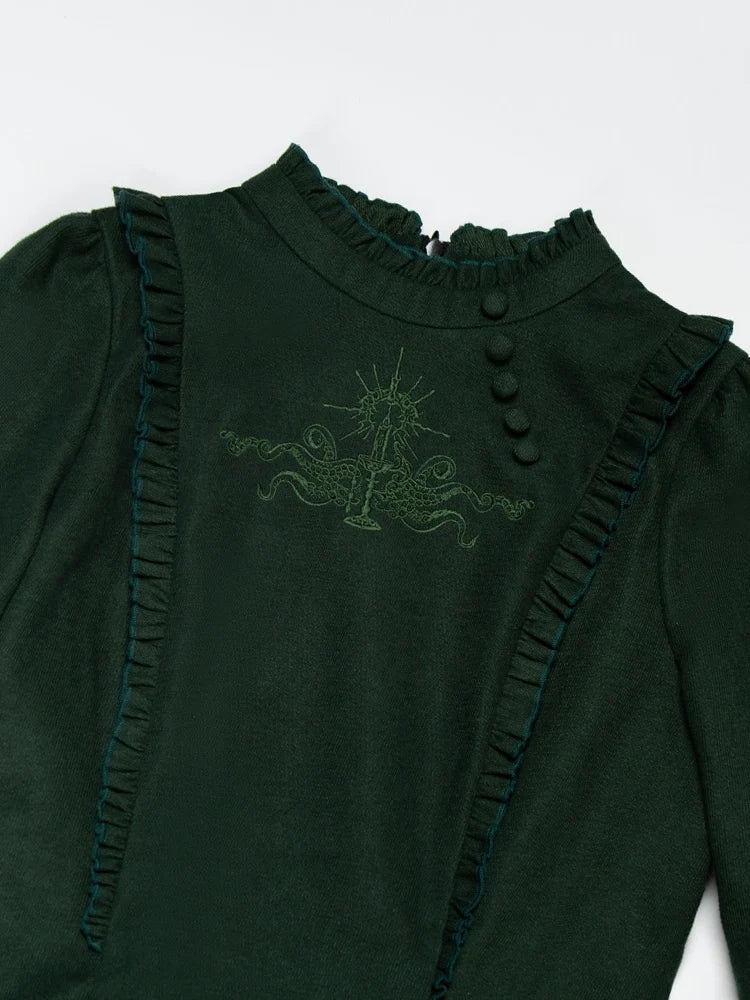 With PUJI - Abyss Clinic - Gothic Lolita Green Dress Set, Embroidery Accent
