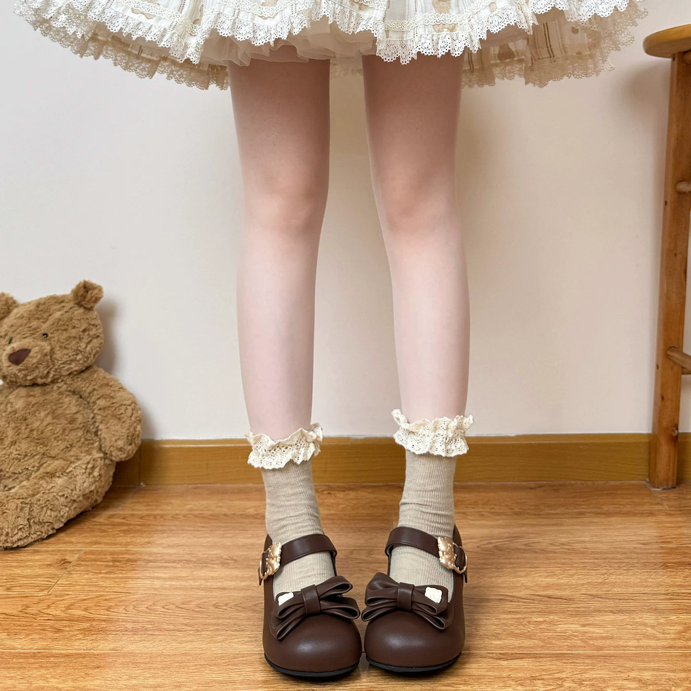 Chubby Bear Tales - Antique Doll Lace - Mid-calf socks with ruffled lace cuffs