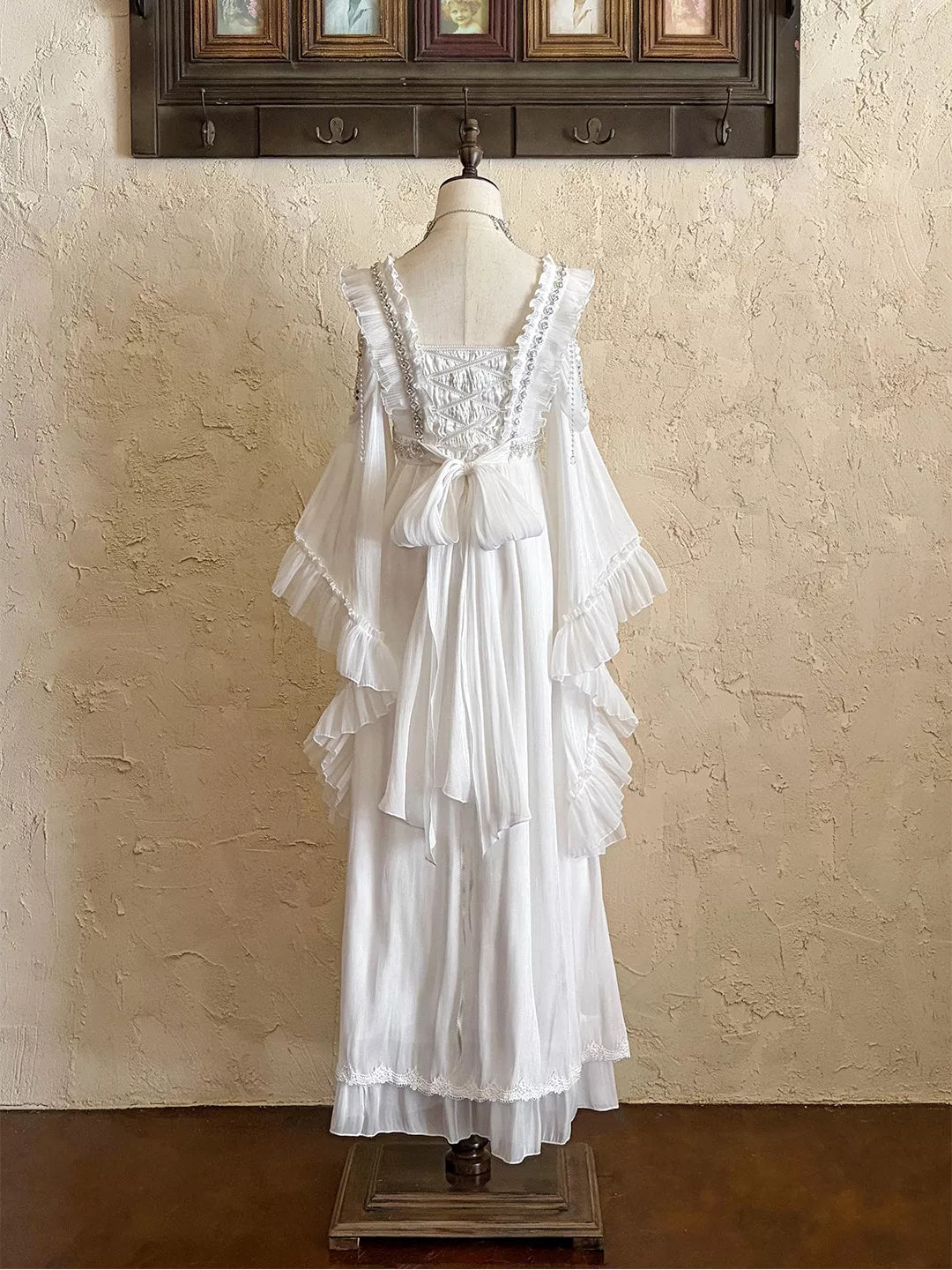 Creamy - Vintage Empire - White Long OP Dress with Ruffled Sleeves