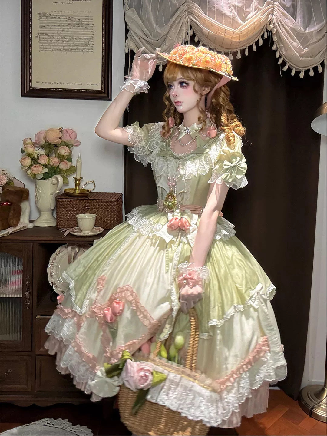 Creamy - Garden Heirloom - Short-Sleeve Dress with Floral Lace and Bow Trim