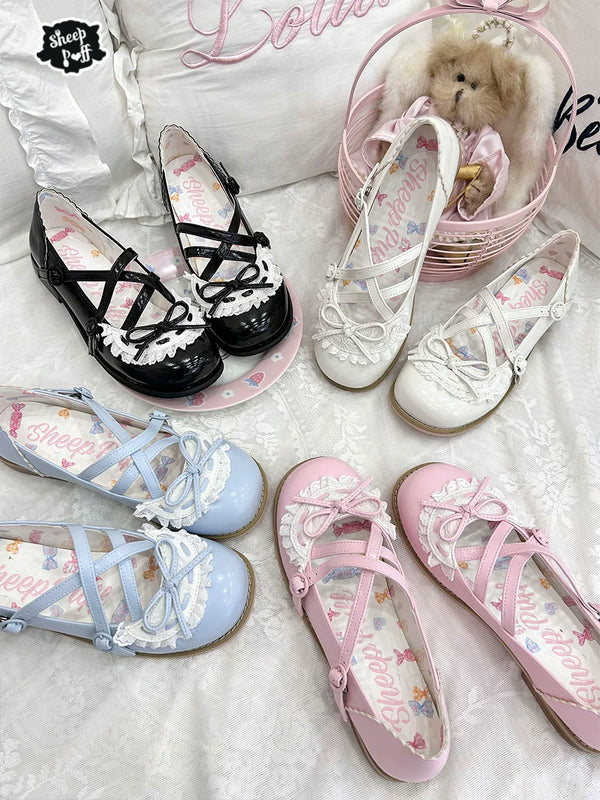 Sheep Puff Little Maid low heel Lolita shoes featuring a charming sheep puff design, perfect for cute, vintage-inspired outfits.