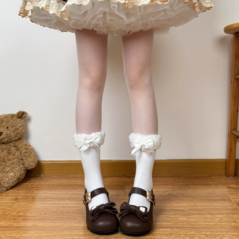 Chubby Bear Tales - Caramel Brown - Mid-Calf Scrunch Socks with Bow and Pom-Pom Details
