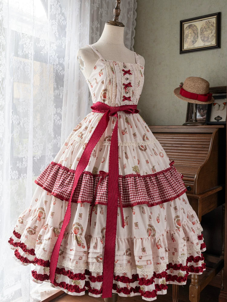 White Tea Story - Strawberry Print Tiered Classical Lolita - Longline
