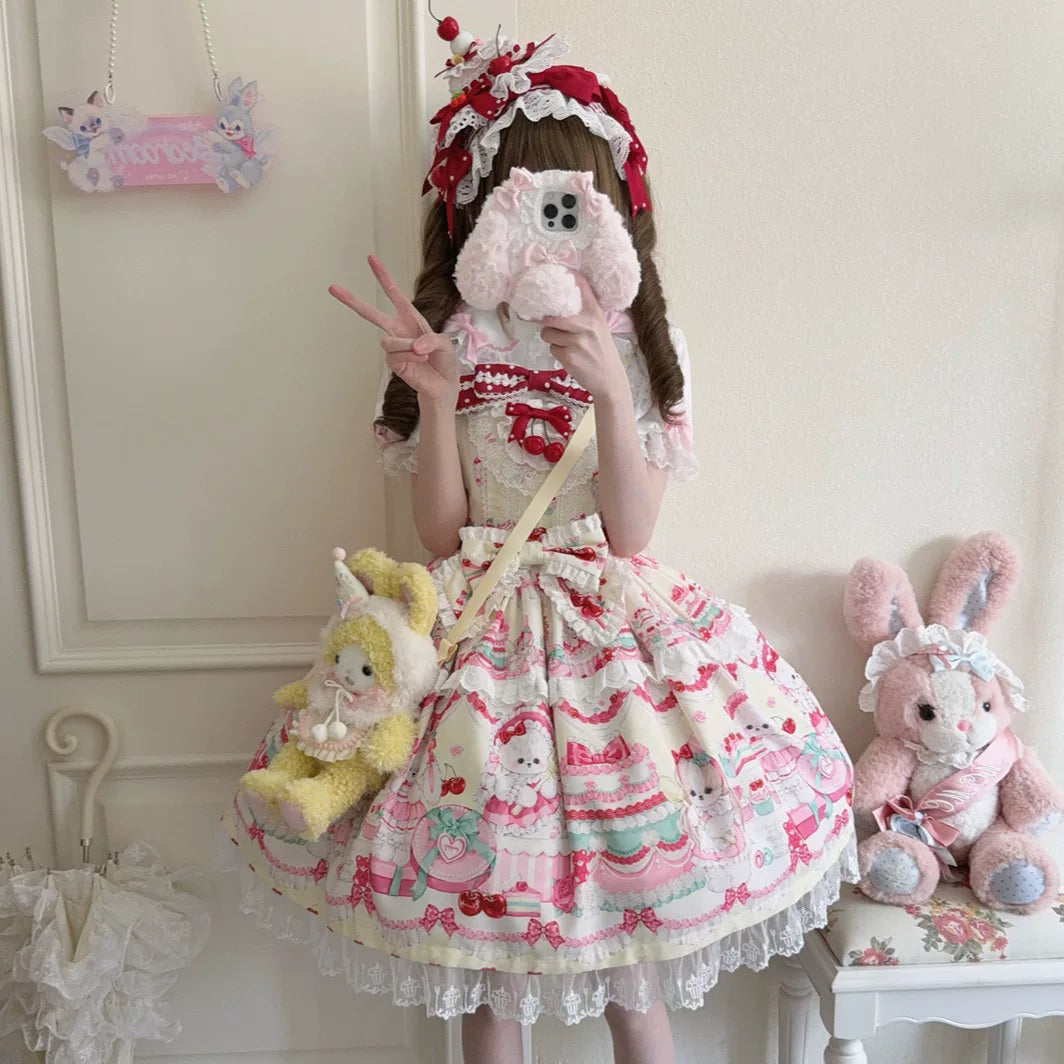 Lady Han Cherry Bake JSK dress by Lolita Fetch featuring a cherry pattern and original design, displayed on a mannequin.