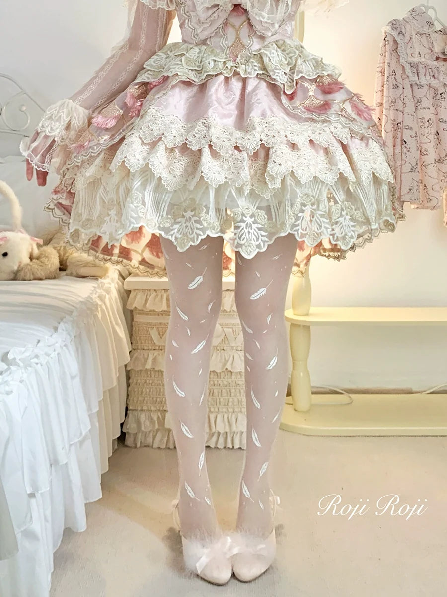 Roji Roji - Sweet Lolita Tights Women Feather - Print Pantyhose Socks