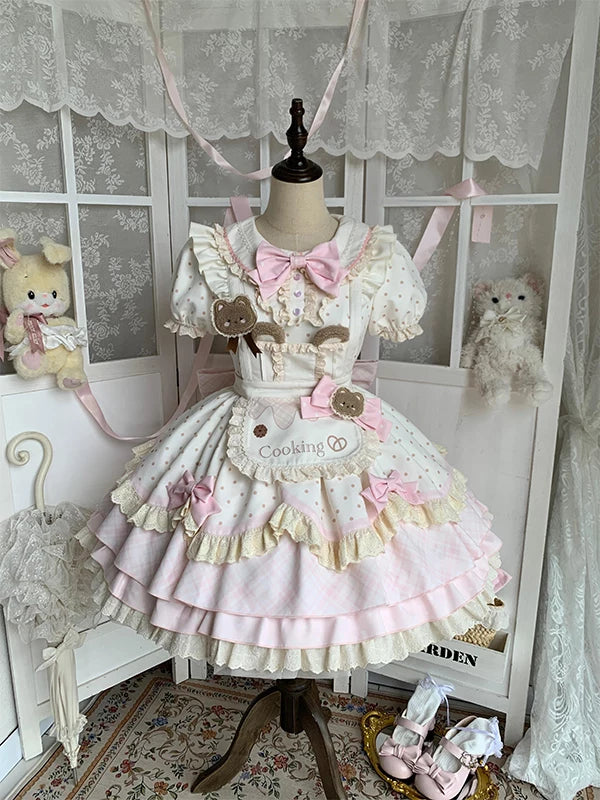 Creamy - Teddy Bear Apron OP - Pink and cream OP dress with a bear apron