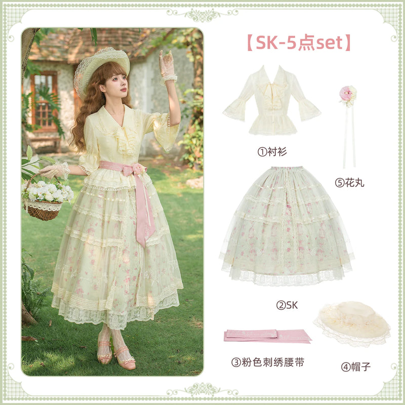 With PUJI - Wind Swept Roses - Classic Lolita Rose Printed Dress Set, Petal Hem detail view 9