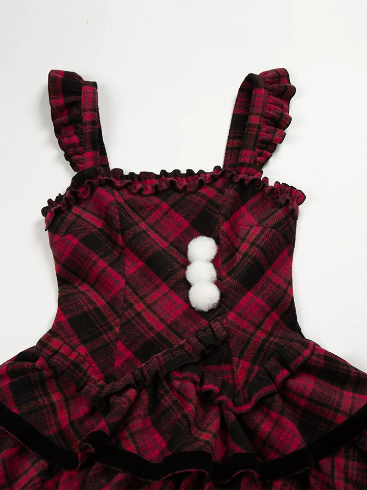 With PUJI - Snow Night Serenade - Fluffy Plaid Kawaii Lolita JSK, Reversible Cape detail view 4