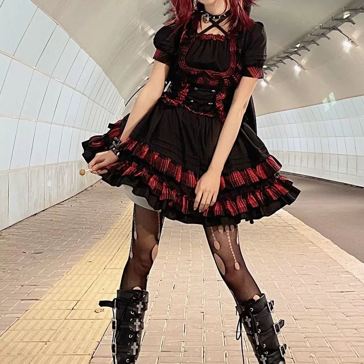 Sweetheart Dream Machine - Punk Cat - Two-Piece Lolita Dress Set with Tiered Ruffles