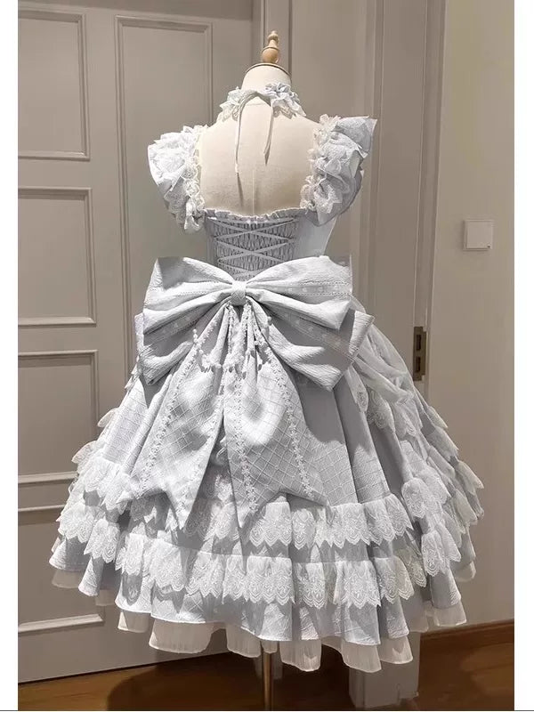 Creamy - Blue Princess Train - Dress with a blue skirt, train and oversized back bow