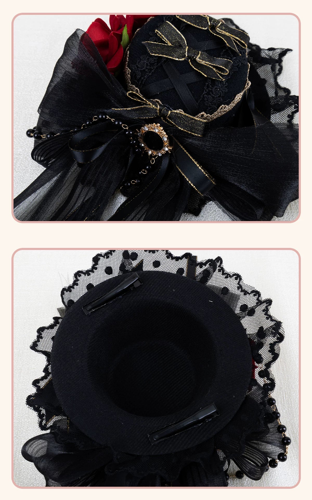 Stardust Rose - Dark Gothic - Black-and-Gold Mini Hat Hair Accessory with Layered Bows