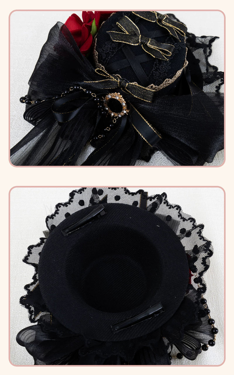 Stardust Rose - Dark Gothic - Black-and-Gold Mini Hat Hair Accessory with Layered Bows