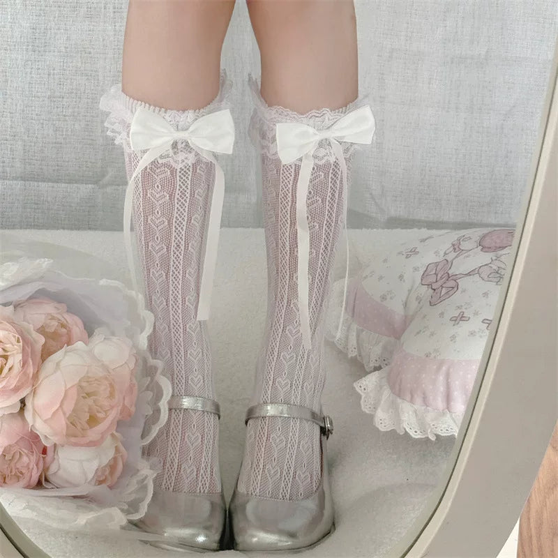 Fantasy Doll - Heart Lace - Heart-Pattern Openwork Mid-Calf Socks