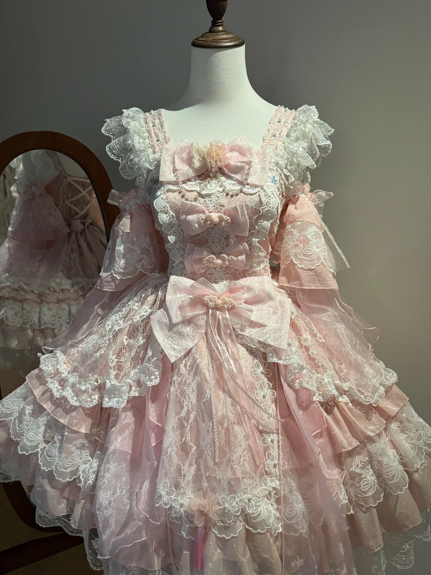 Creamy - Pink Chinese-Inspired - Pink JSK Suspender Dress with Lace Bows