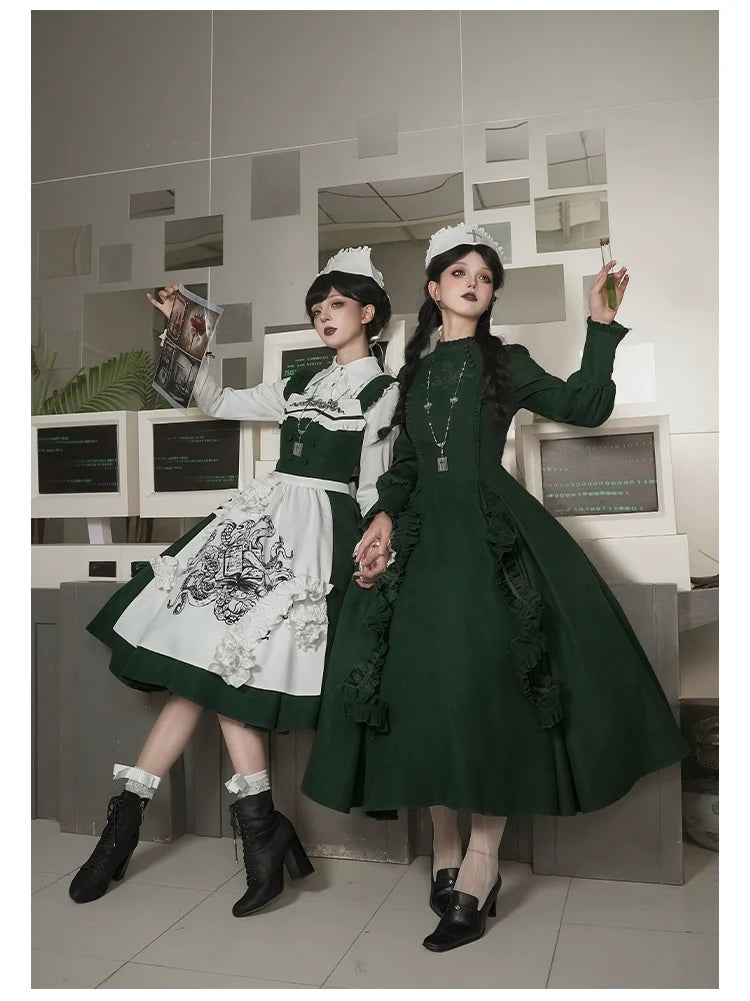 With PUJI - Abyss Clinic - Gothic Lolita Green Dress Set, Embroidery Accent