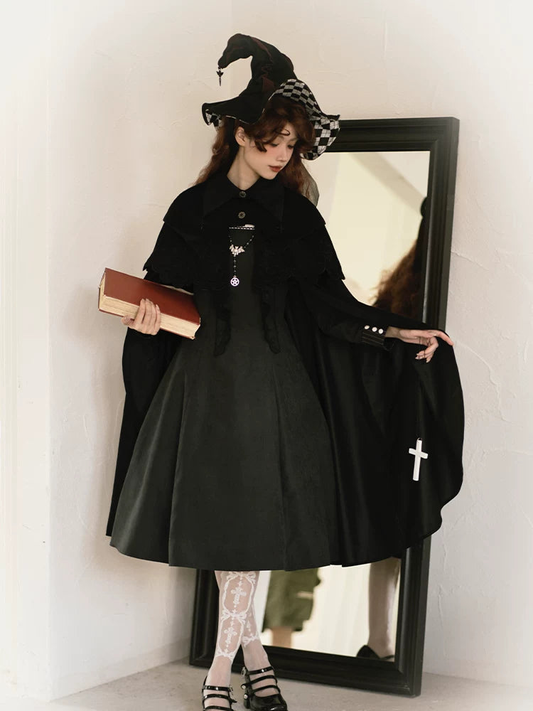 With PUJI - Pilgrim - Black Gothic Lolita Cape, Detachable 2-Piece detail view 3