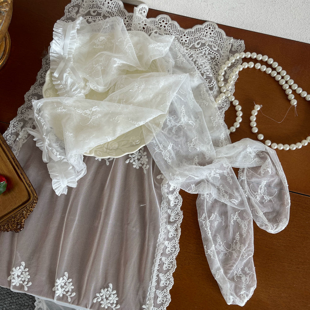 White and pink layered Lolita flared sock set with garter accents