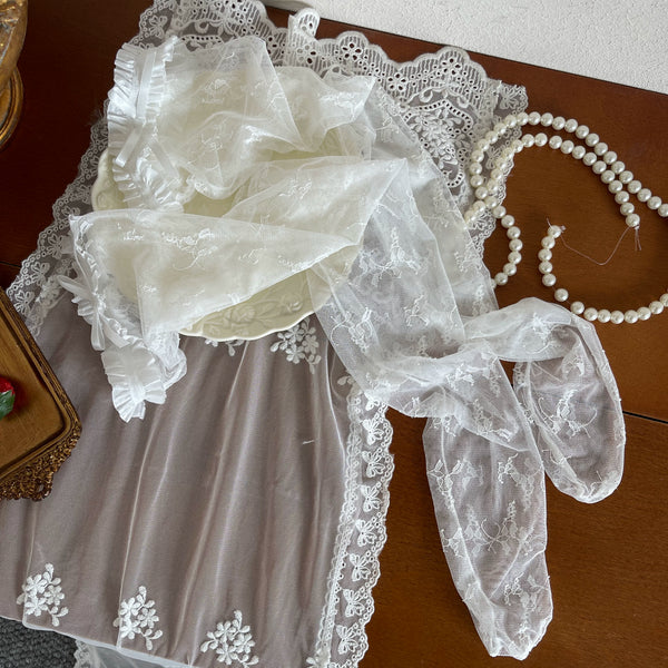 White and pink layered Lolita flared sock set with garter accents
